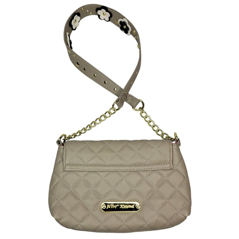Betsey Johnson Womens Crossbody Bag Gray Quilted Diamonds 3D Floral Strap Beauti - Picture 2 of 16